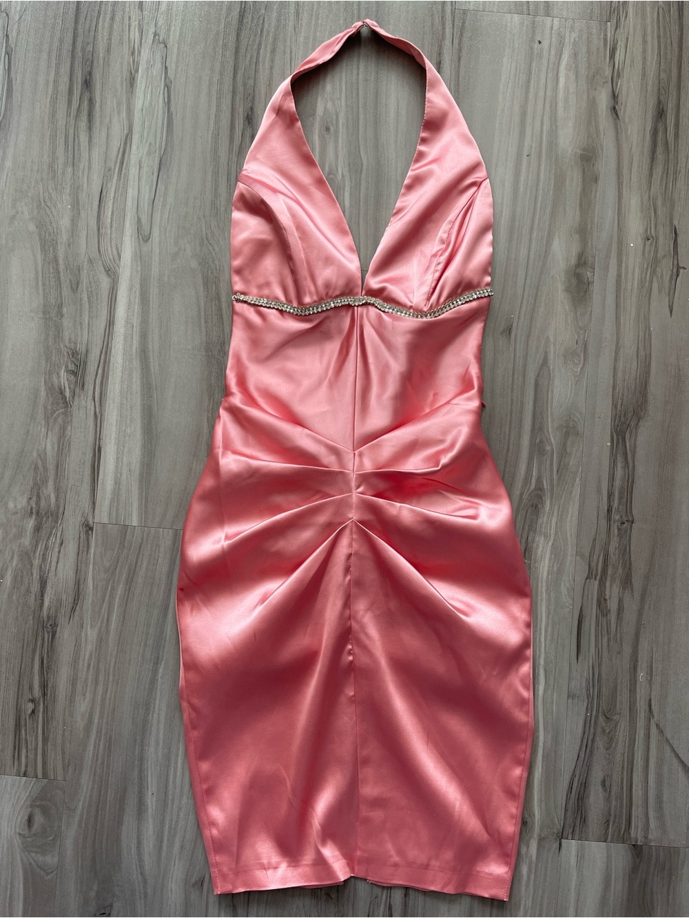 Abyss By Abby Coral Pink Satin One-Shoulder Dress with Rhinestone Trim